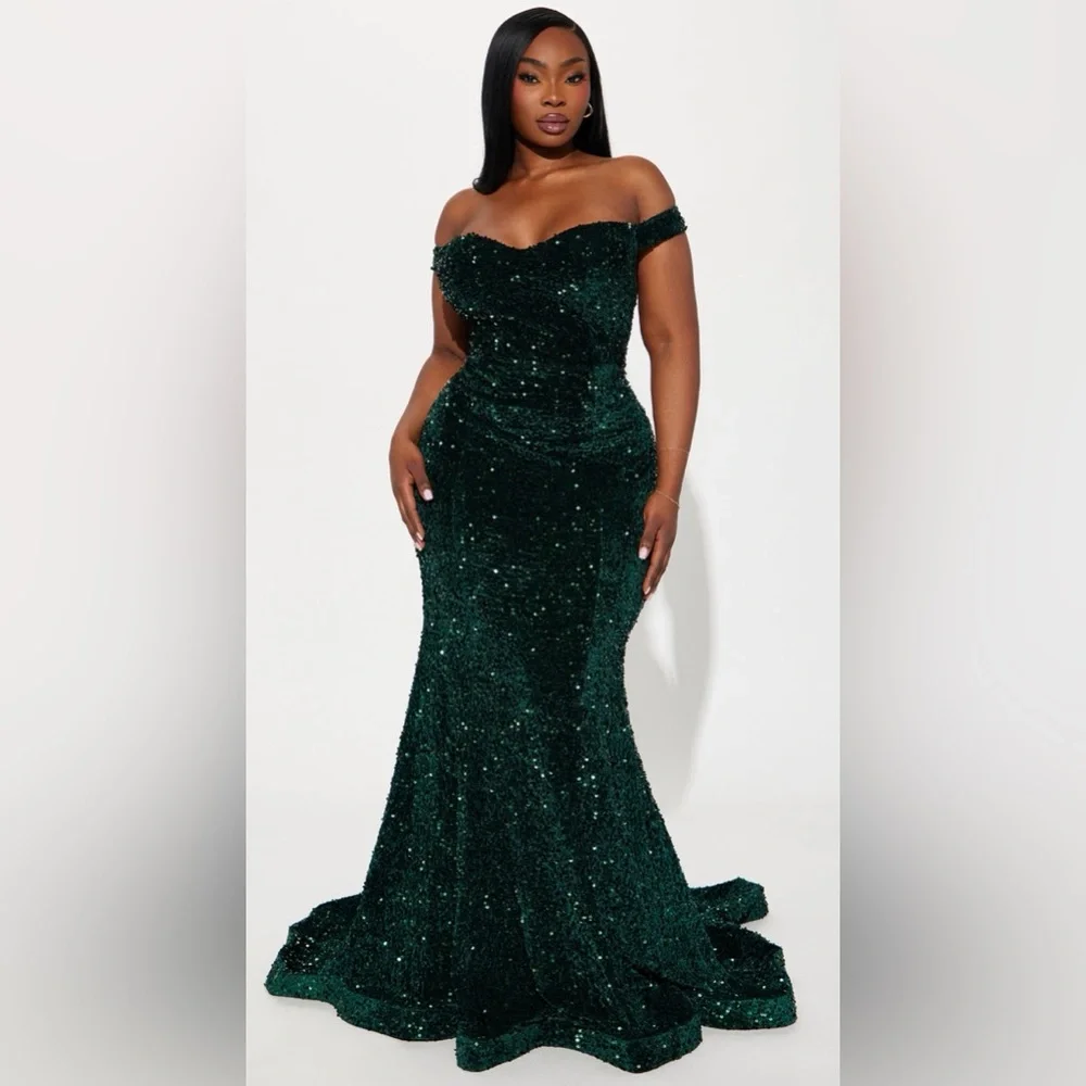 Off-Shoulder Dark Green Sequin Dress NWT new with tags - Picture 2 of 8